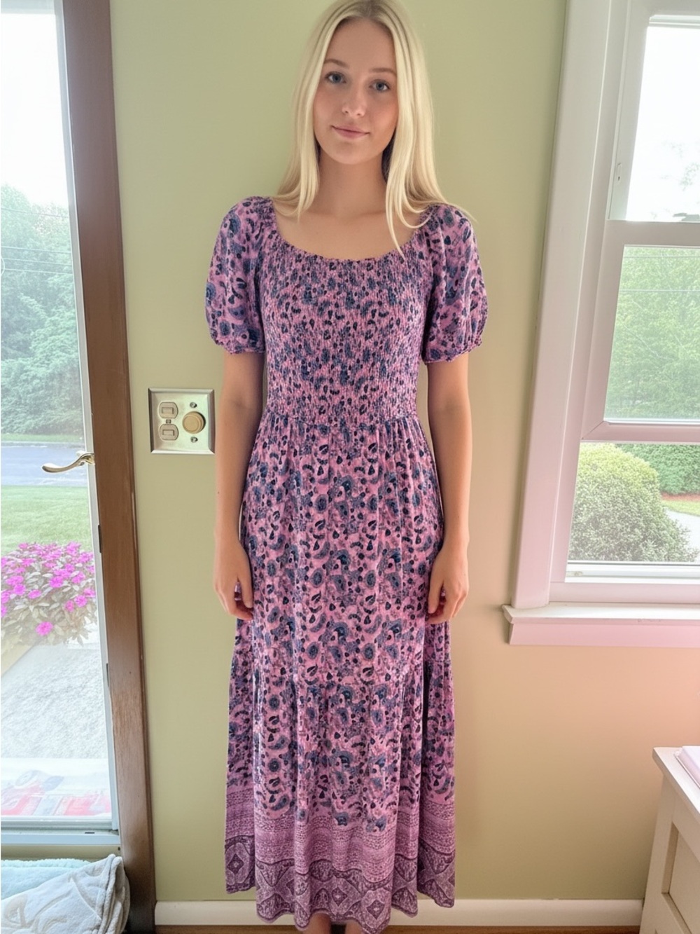 Two smocked Square-Neck Maxi Dresses in pink Floral and blue floral